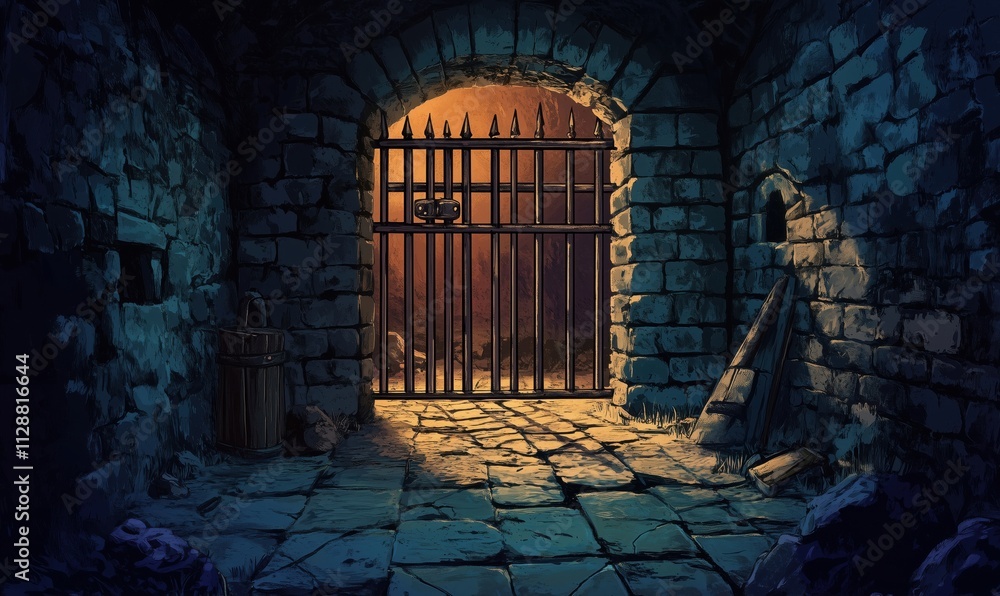 Dark dungeon entrance with barred gate, stone walls, and eerie lighting. Shadows cast on cobblestone floor, creating a mysterious atmosphere. Dark dungeon entrance with barred gate, stone walls, and eerie lighting. Shadows cast on cobblestone floor, creating a mysterious atmosphere.