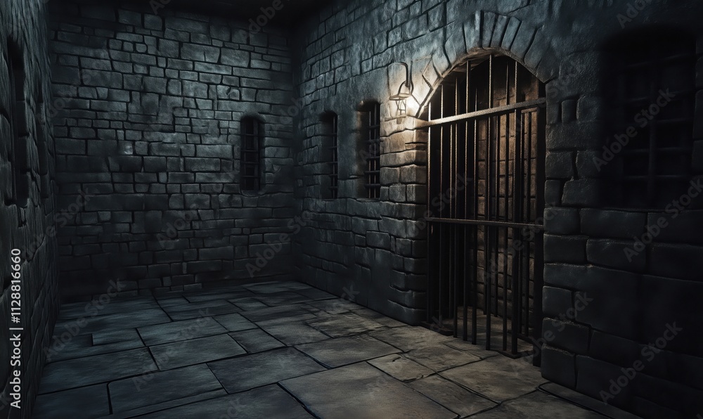 Dark dungeon interior with barred cell, stone walls, dim lighting, and eerie atmosphere Dark dungeon interior with barred cell, stone walls, dim lighting, and eerie atmosphere