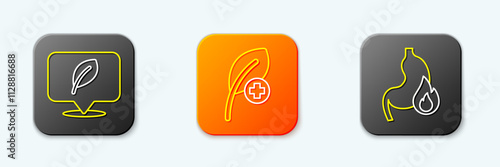 Set line Location with leaf, Leaf or leaves and Stomach heartburn icon. Vector