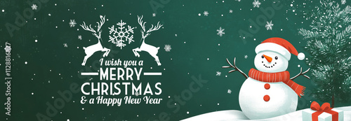 Merry Christmas and Happy New Year 2025- Greeting card with English text, clock, fireworks and snow - Panorama, banner, header with copy space - Abstract background