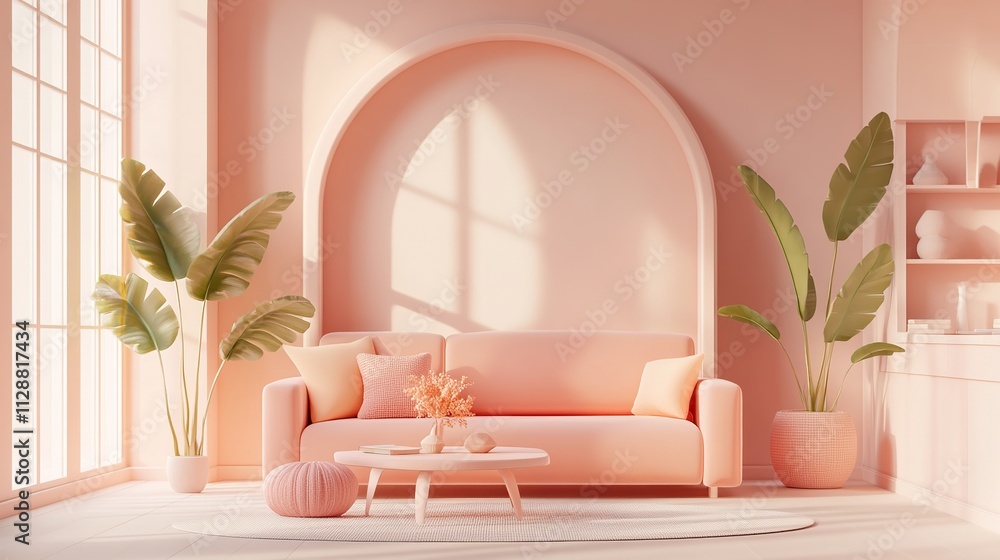 A serene pink living room with a cozy couch, plants, and natural light. A serene pink living room with a cozy couch, plants, and natural light.