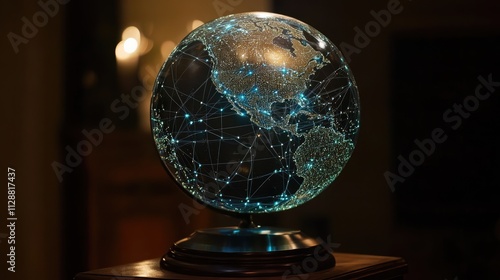 Holographic globe with network nodes, world connection, international business