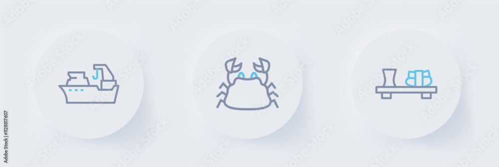 Set line Sushi on cutting board, Crab and Fishing boat icon. Vector Set line Sushi on cutting board, Crab and Fishing boat icon. Vector