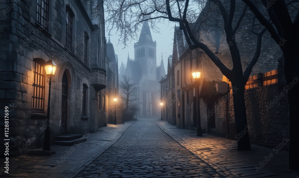 Misty cobblestone street with historic buildings, gas lamps illuminating foggy atmosphere, medieval architecture, serene ambiance Misty cobblestone street with historic buildings, gas lamps illuminating foggy atmosphere, medieval architecture, serene ambiance