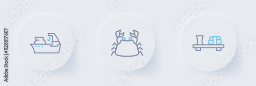 Set line Sushi on cutting board, Crab and Fishing boat icon. Vector