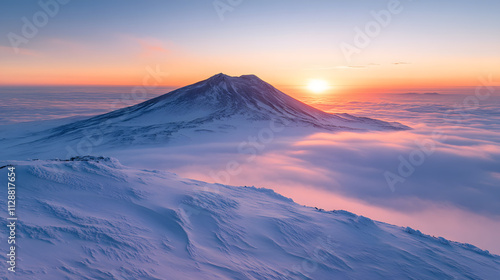 A mountain peak covered in a thick layer of untouched powder snow at sunrise.