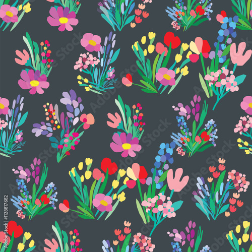 Seamless pattern of colorful flowers and leaves on a dark background. Floral textile print design. Vector wildflowers