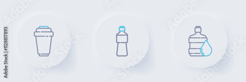 Set line Big bottle with clean water, Bottle of and Water filter cartridge icon. Vector