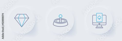 Set line Online poker table game, Casino roulette wheel and Diamond icon. Vector