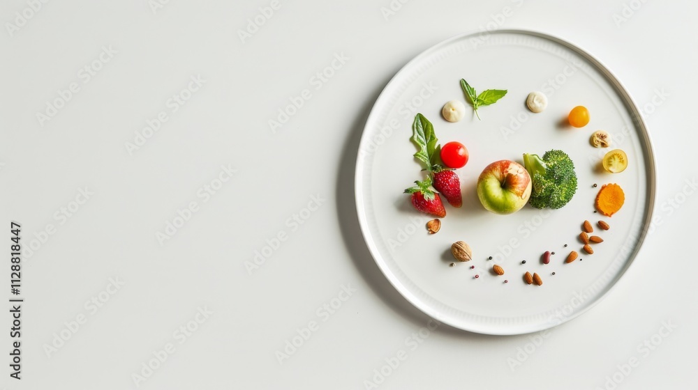Colorful plate with vegetables and nuts symbolizes balanced diet and healthy eating. Colorful plate with vegetables and nuts symbolizes balanced diet and healthy eating.