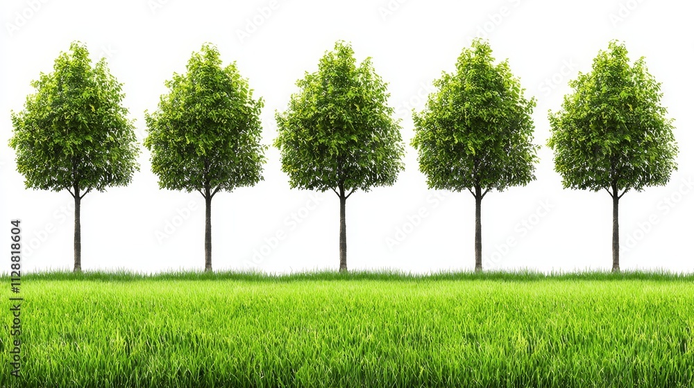 Fototapeta premium Five Lush Green Trees in a Verdant Meadow Landscape