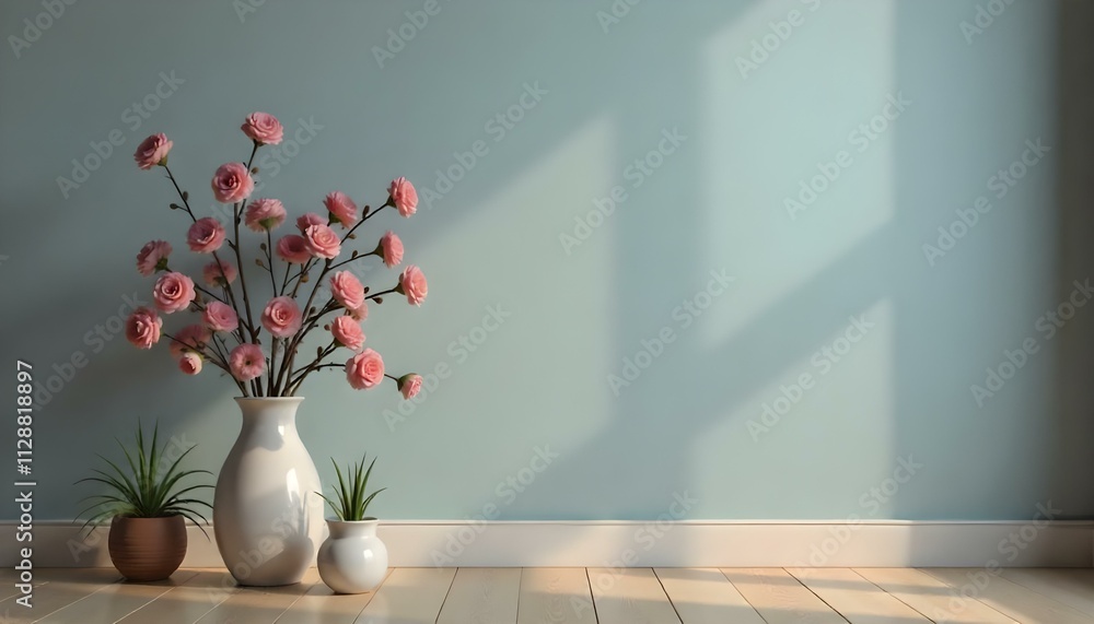A white ceramic vase with pink flowers on a wooden floor, against a light blue wall with copy space A white ceramic vase with pink flowers on a wooden floor, against a light blue wall with copy space