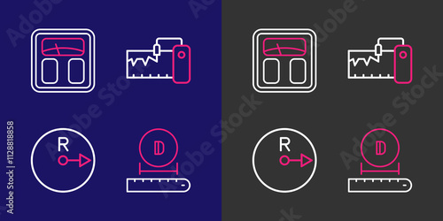 Set line Diameter, Radius, Measuring instrument and Bathroom scales icon. Vector