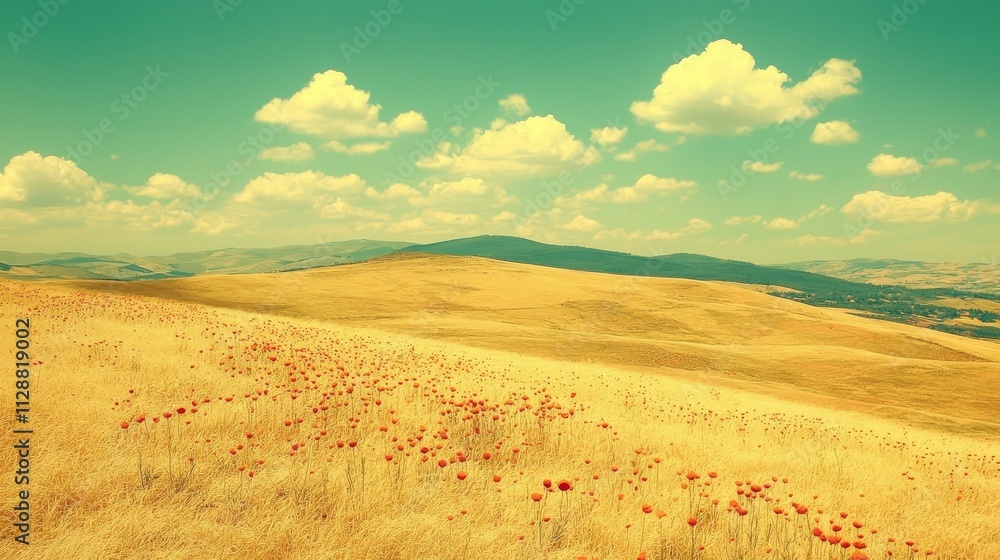 Fototapeta premium Golden Fields Under a Summer Sky with Wildflowers