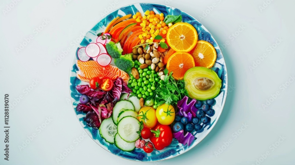 Colorful plate with vegetables and nuts symbolizes balanced diet and healthy eating. Colorful plate with vegetables and nuts symbolizes balanced diet and healthy eating.
