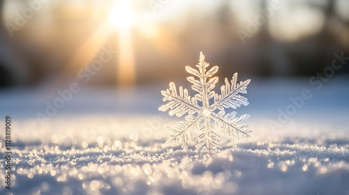 A perfectly symmetrical snowflake on a frosty window glowing in morning light. photo