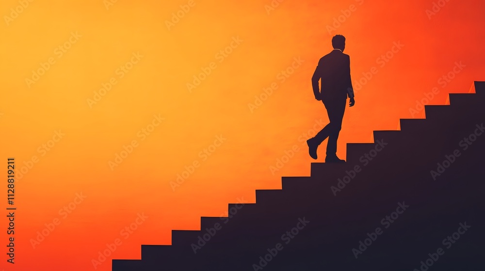 A silhouette of an adult man climbing the stairs against a gradient orange background, symbolizing progress and growth in life or business A silhouette of an adult man climbing the stairs against a gradient orange background, symbolizing progress and growth in life or business