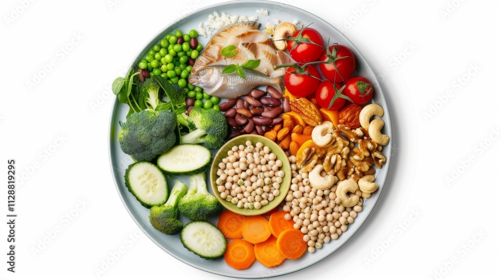 Colorful plate with vegetables and nuts symbolizes balanced diet and healthy eating. Colorful plate with vegetables and nuts symbolizes balanced diet and healthy eating.