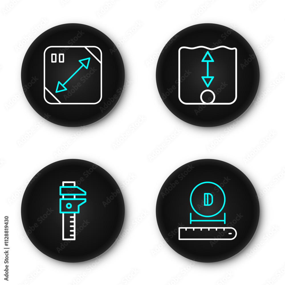 Set line Diameter, Calliper or caliper and scale, Depth measurement and Diagonal measuring icon. Vector Set line Diameter, Calliper or caliper and scale, Depth measurement and Diagonal measuring icon. Vector