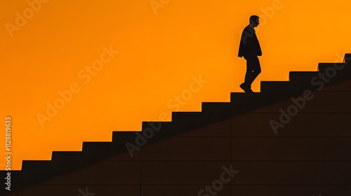 A silhouette of an adult man climbing the stairs against a gradient orange background, symbolizing progress and growth in life or business