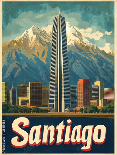 A stunning view of Santiagos skyline featuring a tall skyscraper amidst modern buildings, framed by snow-capped mountains. This captures the citys blend of nature and urban life beautifully. photo