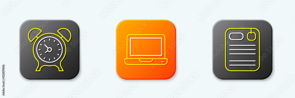 Set line Alarm clock, Laptop and Dossier folder icon. Vector Set line Alarm clock, Laptop and Dossier folder icon. Vector
