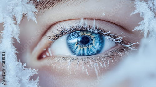 A piercing ice-blue eye surrounded by frosty lashes.