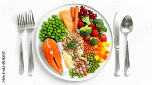 Colorful plate with vegetables and nuts symbolizes balanced diet and healthy eating. photo