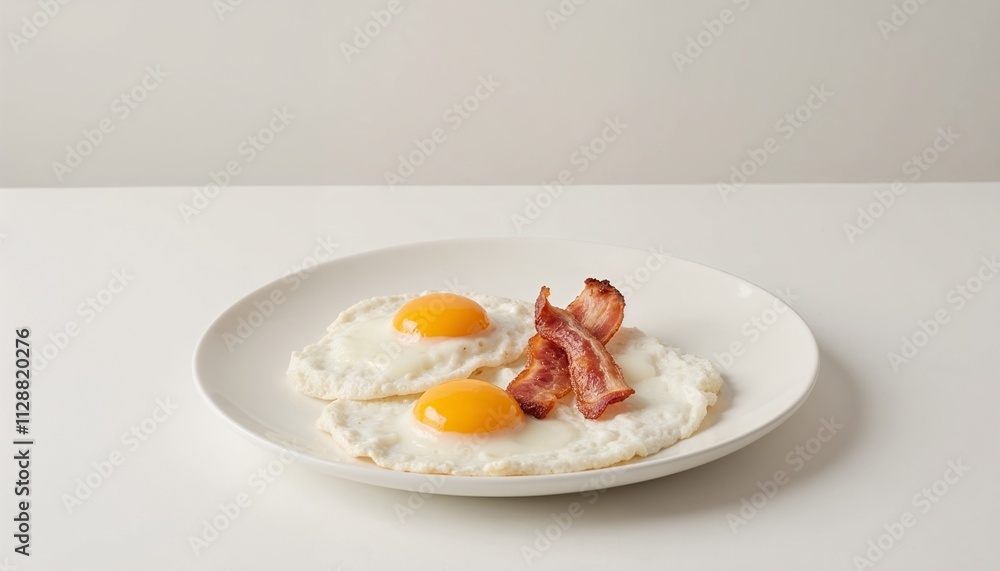 Simple eggs and bacon on a white plate against a minimalistic background Simple eggs and bacon on a white plate against a minimalistic background