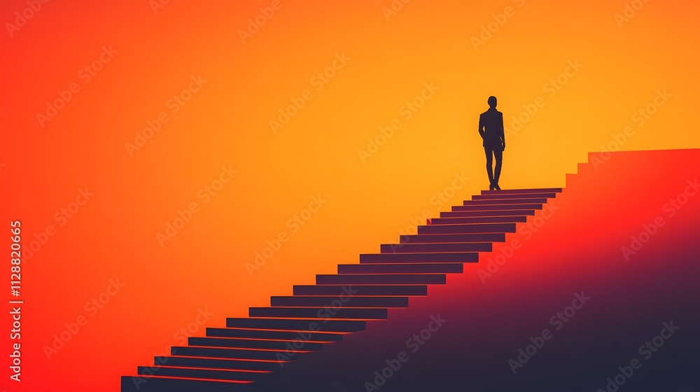 A silhouette of an adult man climbing the stairs against a gradient orange background, symbolizing progress and growth in life or business A silhouette of an adult man climbing the stairs against a gradient orange background, symbolizing progress and growth in life or business