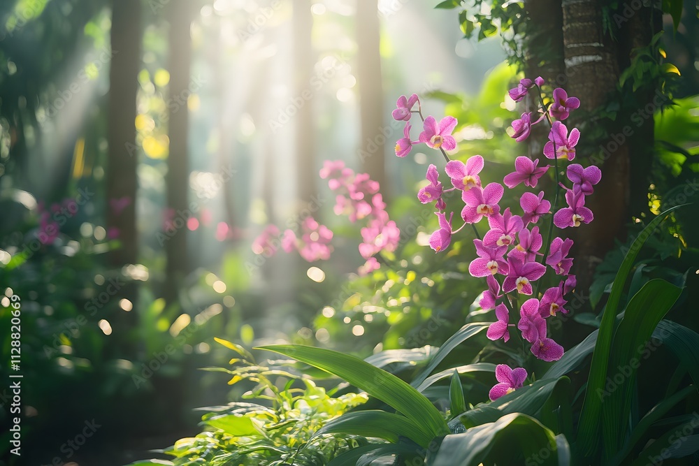 Obraz premium A close-up of delicate purple orchids blooming in a tropical jungle, with sunlight filtering through lush greenery in the background. Exotic and enchanting. 