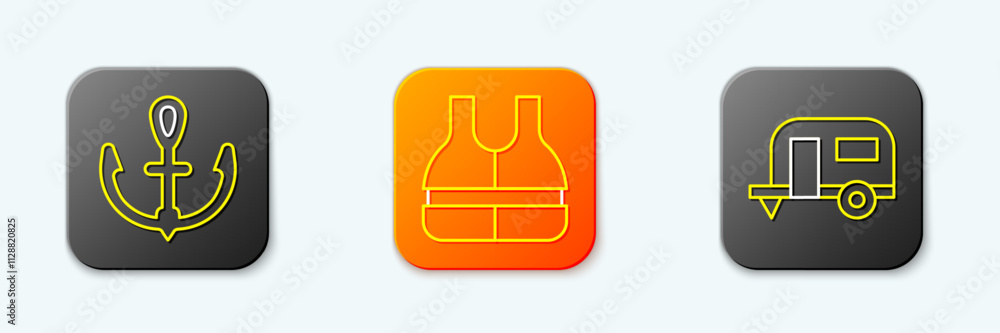 Set line Anchor, Life jacket and Rv Camping trailer icon. Vector Set line Anchor, Life jacket and Rv Camping trailer icon. Vector