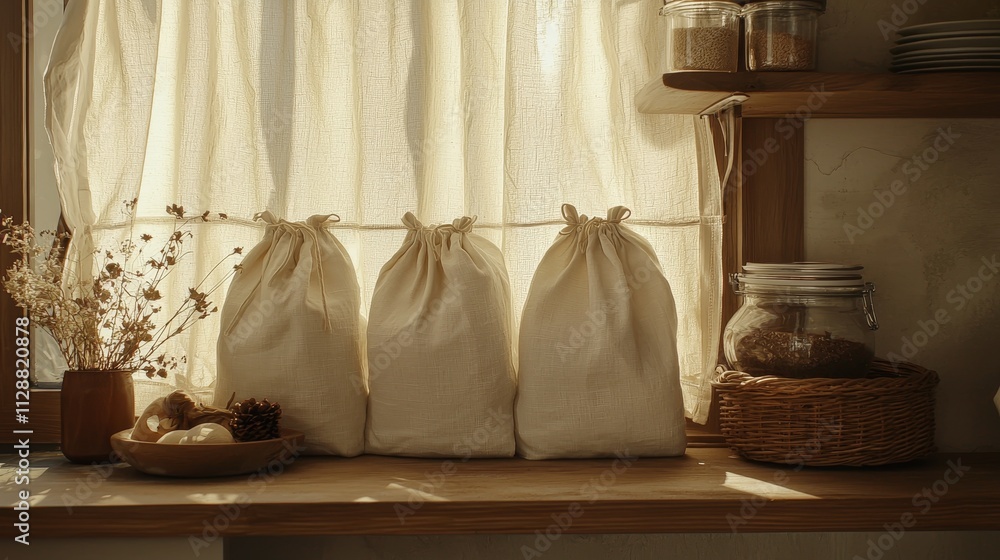 Rustic Kitchen Window with Linen Bags and Jars of Grains Rustic Kitchen Window with Linen Bags and Jars of Grains