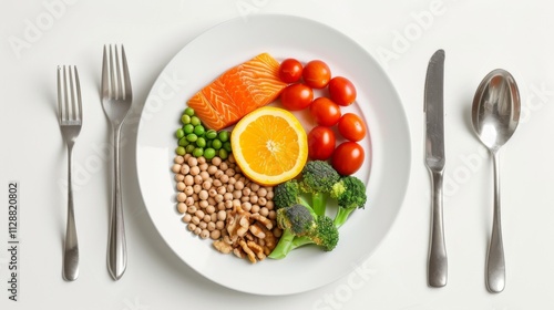 Colorful plate with vegetables and nuts symbolizes balanced diet and healthy eating. photo