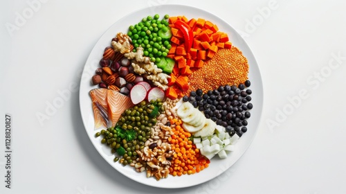 Colorful plate with vegetables and nuts symbolizes balanced diet and healthy eating. photo