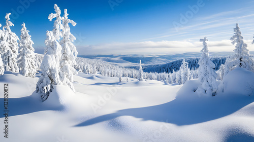 A pristine mountain ridge blanketed in thick powder snow under a clear blue sky.