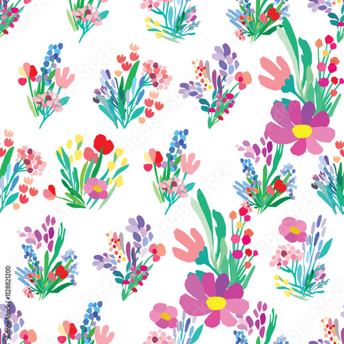 Seamless pattern of colorful flowers and leaves on a white background. Floral textile print design. Vector wildflowers