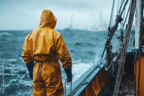 Fisherman in waterproof overalls on a fishing boat on the high seas