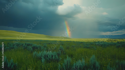 A rainbow forming beneath a rain cloud over a lush green meadow after a storm.