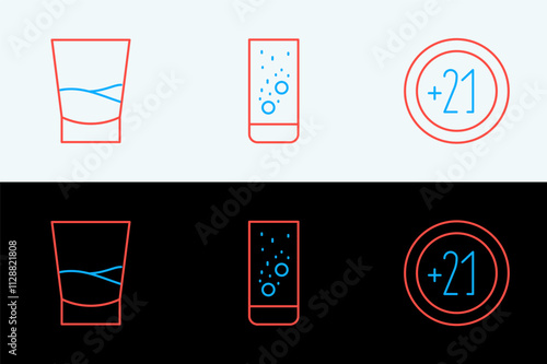 Set line Alcohol 21 plus, Glass of vodka and Effervescent tablets in water icon. Vector