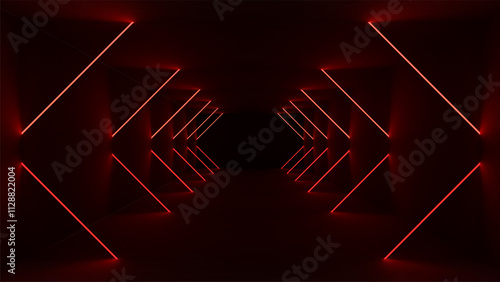 Red Neon Futuristic Black Tunnel. Abstract light tech background.