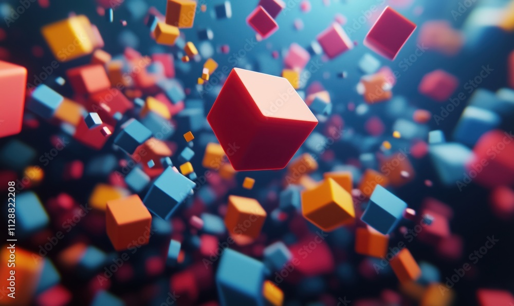 Colorful 3D cubes floating in space, vibrant red, blue, orange cubes scattered, dynamic composition, abstract design Colorful 3D cubes floating in space, vibrant red, blue, orange cubes scattered, dynamic composition, abstract design