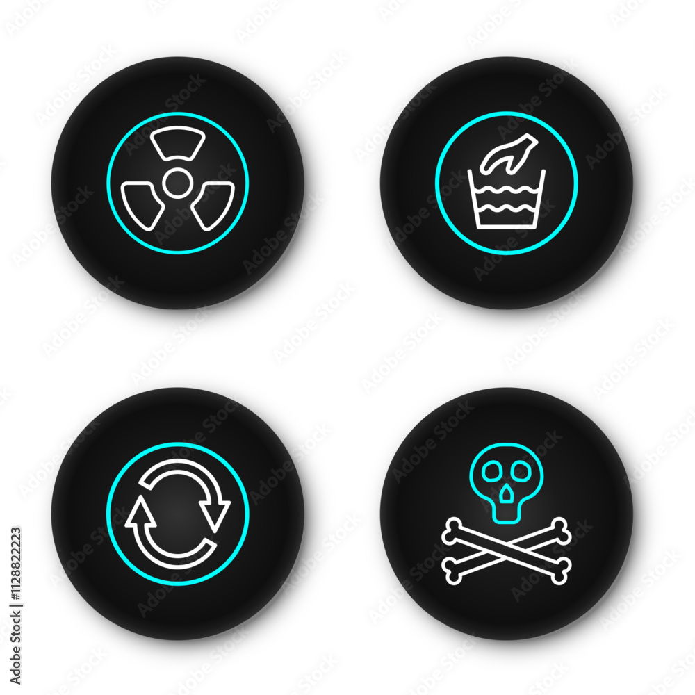 Fototapeta premium Set line Bones and skull warning, Recycle symbol, Hand wash laundry and Radioactive icon. Vector