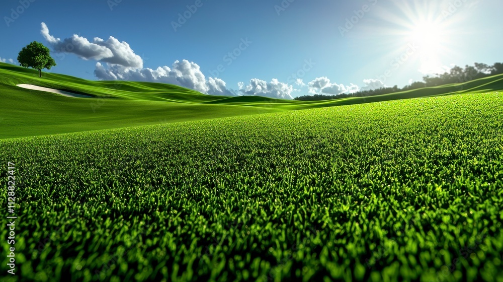 Lush Green Golf Course Landscape Under a Bright Blue Sky with Fluffy Clouds and the Sun Shining on a Beautiful Summer Day Lush Green Golf Course Landscape Under a Bright Blue Sky with Fluffy Clouds and the Sun Shining on a Beautiful Summer Day