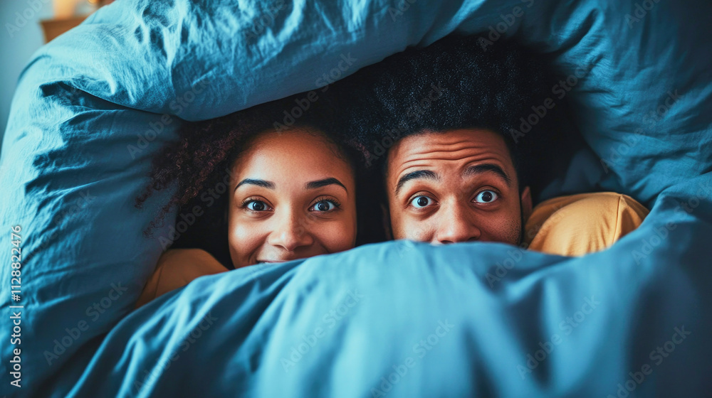Couple enjoys a playful moment under bed covers on a cozy Sunday morning Couple enjoys a playful moment under bed covers on a cozy Sunday morning