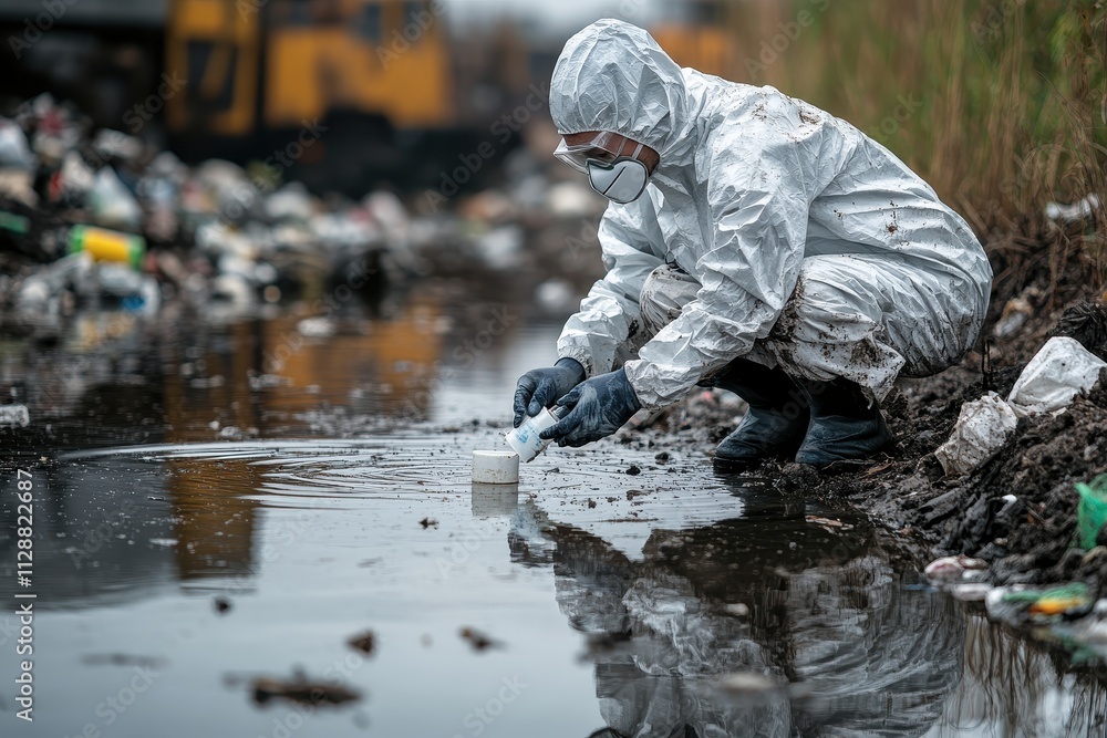 Scientist in white protective suit and mask conducting a field experiment. Scientist in white protective suit and mask conducting a field experiment.