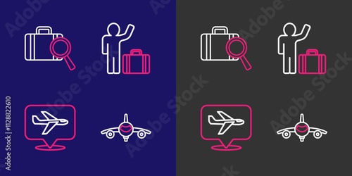 Set line Plane, Tourist with suitcase and Lost baggage icon. Vector