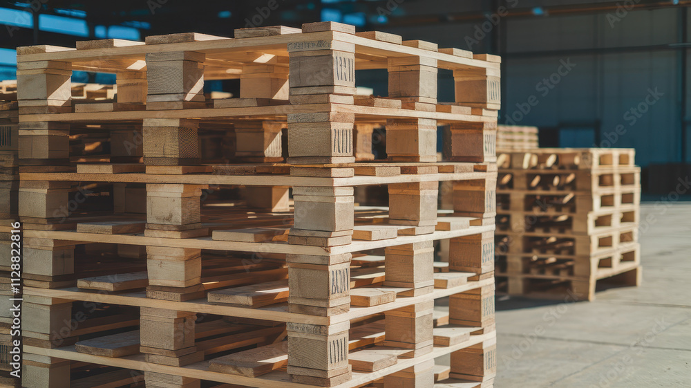 A stack of wooden pallets in a spacious warehouse, showcasing the natural grain and texture of the wood under bright, ambient lighting. A stack of wooden pallets in a spacious warehouse, showcasing the natural grain and texture of the wood under bright, ambient lighting.