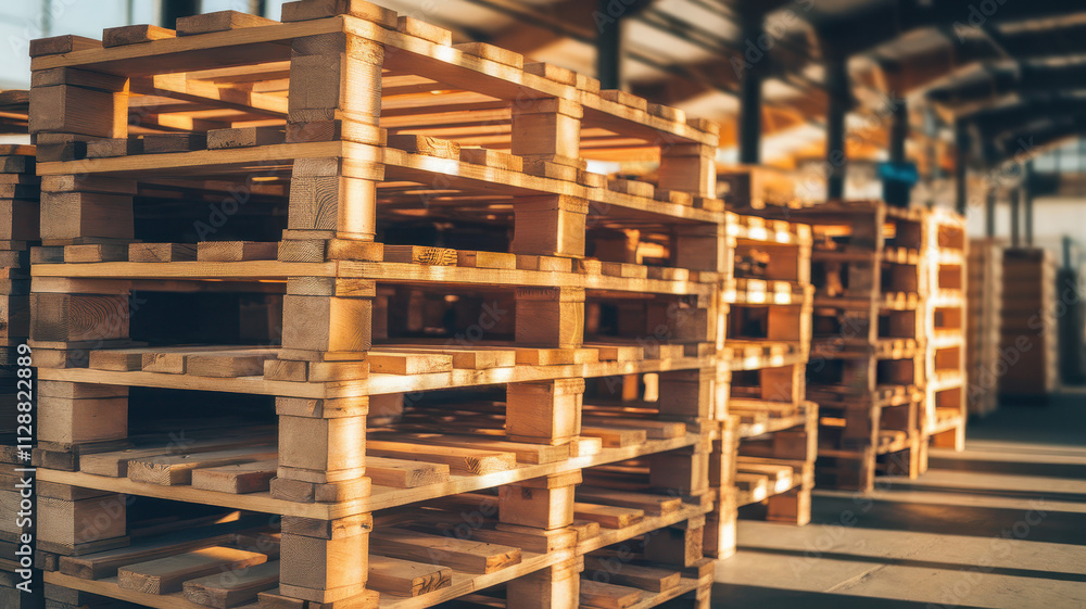A well-organized warehouse filled with neatly stacked wooden pallets, showcasing a warm and inviting atmosphere of industry. A well-organized warehouse filled with neatly stacked wooden pallets, showcasing a warm and inviting atmosphere of industry.