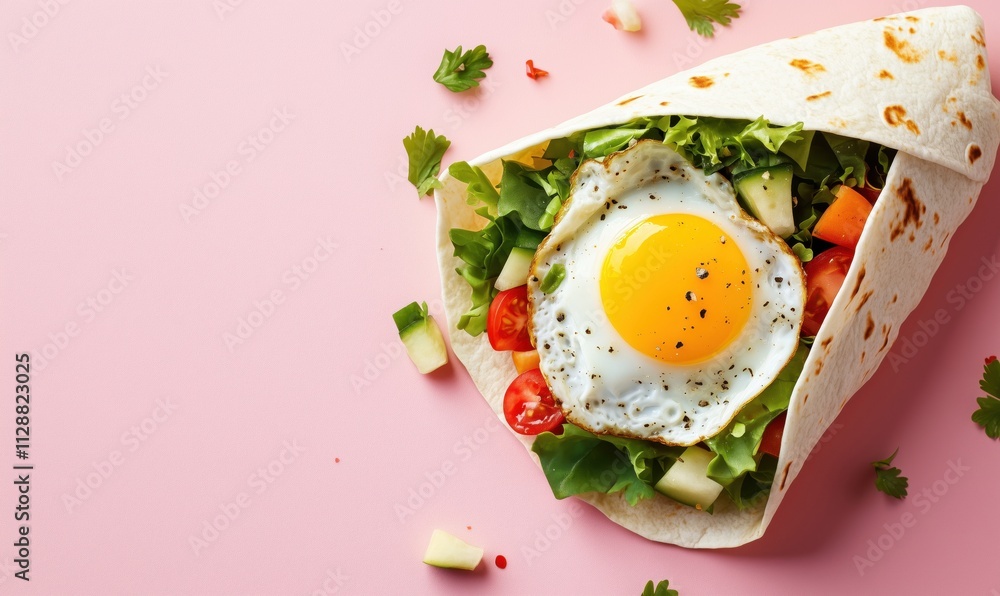 Delicious breakfast wrap with fried egg, fresh vegetables, and herbs Delicious breakfast wrap with fried egg, fresh vegetables, and herbs